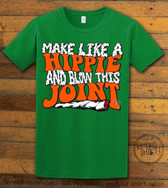 This is the main graphic design on a green shirt for the Weed Shirt: Hippie Joint