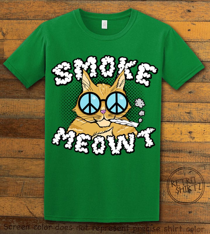 This is the main graphic design on a green shirt for the Weed Shirt: Stoned Cat Smoke Meowt
