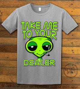 This is the main graphic design on a gray shirt for the Weed Shirt: Stoned Alien Smoking