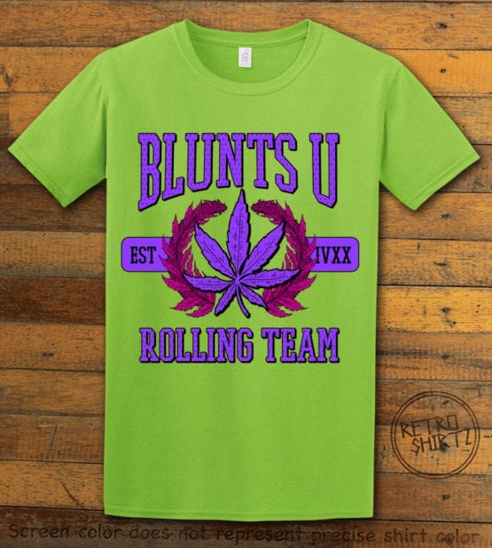 This is the main graphic design on a lime shirt for the Weed Shirt: Blunts University