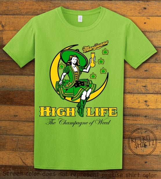 This is the main graphic design on a lime shirt for the Weed Shirt: High Life Champagne of Weed
