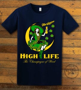 This is the main graphic design on a navy shirt for the Weed Shirt: High Life Champagne of Weed