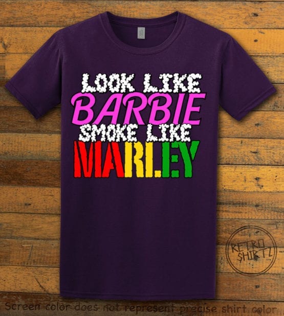 This is the main graphic design on a purple shirt for the Weed Shirt: Look Like Barbie Smoke Like Marley