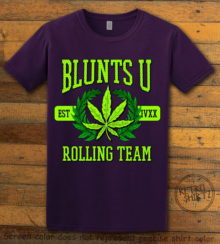 This is the main graphic design on a purple shirt for the Weed Shirt: Blunts University