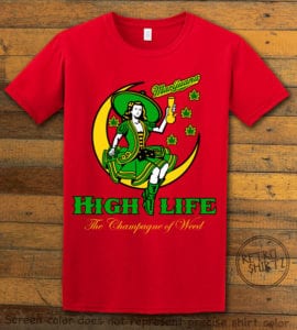 This is the main graphic design on a red shirt for the Weed Shirt: High Life Champagne of Weed