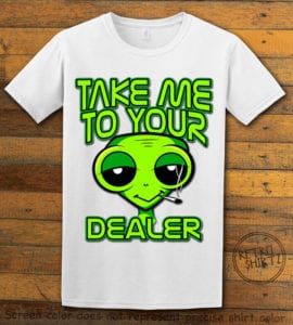 This is the main graphic design on a white shirt for the Weed Shirt: Stoned Alien Smoking
