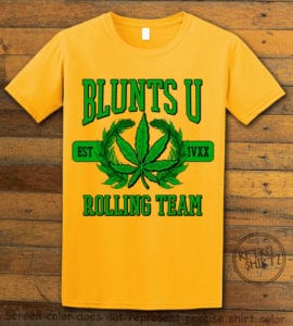 This is the main graphic design on a yellow shirt for the Weed Shirt: Blunts University