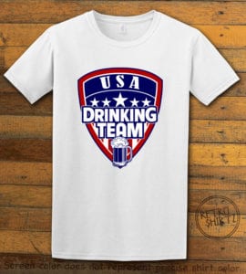 This is the main graphic design on a white shirt for the: USA Drinking Team