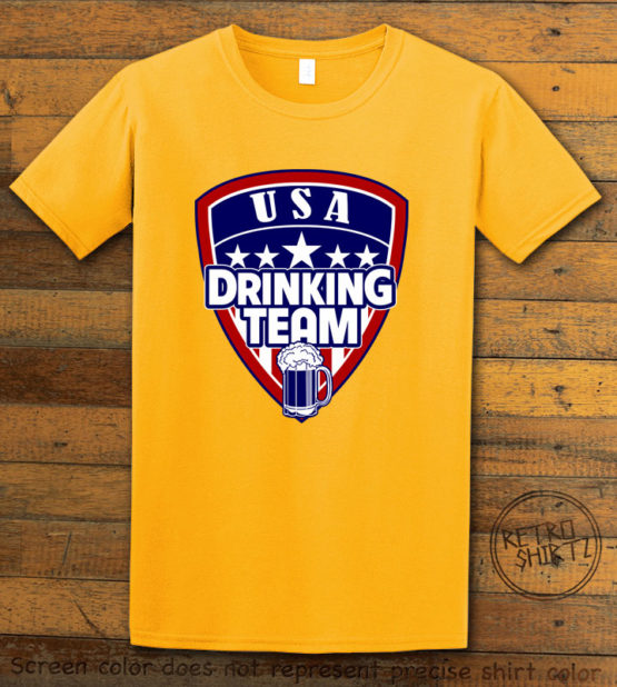 This is the main graphic design on a yellow shirt for the: USA Drinking Team