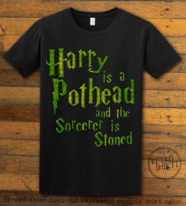This is the main graphic design on a black shirt for the Weed Shirt: Harry is a Pothead