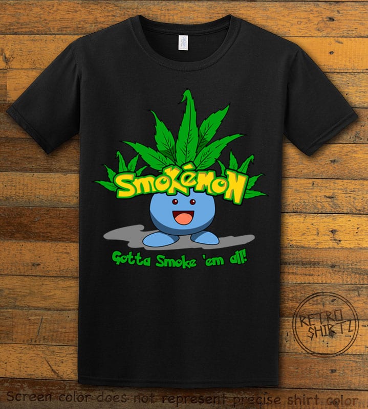 This is the main graphic design on a black shirt for the Weed Shirt: Smokemon Oddish Pot Leaf