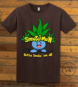 This is the main graphic design on a brown shirt for the Weed Shirt: Smokemon Oddish Pot Leaf