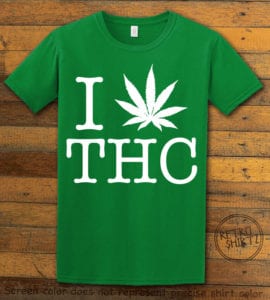 This is the main graphic design on a green shirt for the Weed Shirt: I Heart THC