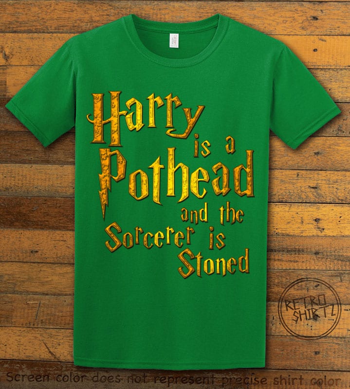This is the main graphic design on a green shirt for the Weed Shirt: Harry is a Pothead