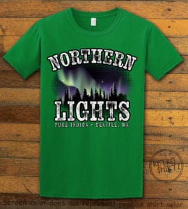 This is the main graphic design on a green shirt for the Weed Shirt: Northern Lights Indica