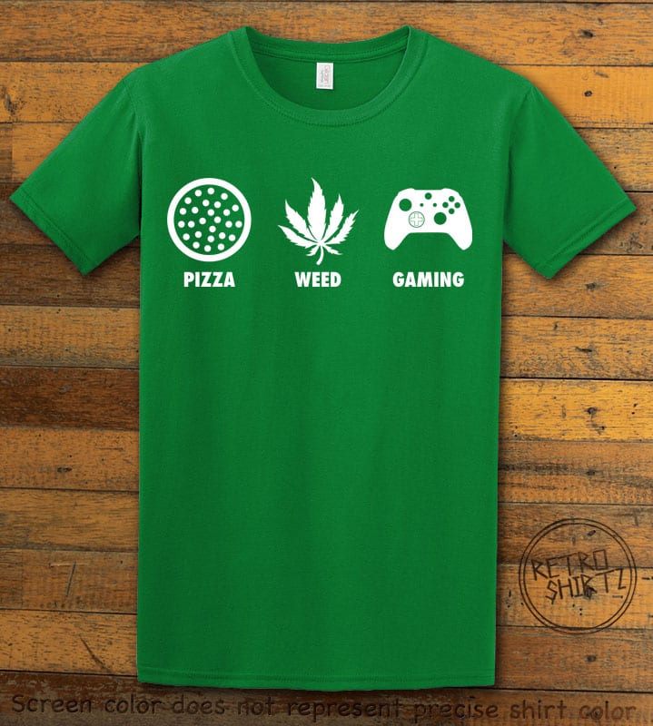 This is the main graphic design on a green shirt for the Weed Shirt: Pizza Weed Gaming