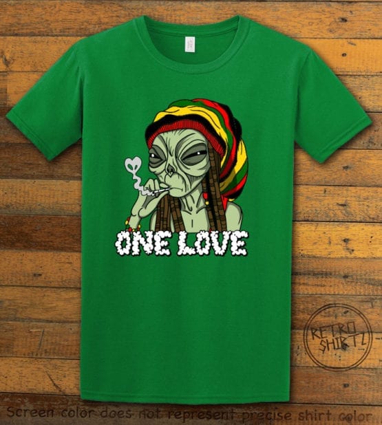 This is the main graphic design on a green shirt for the Weed Shirt: Rasta Alien