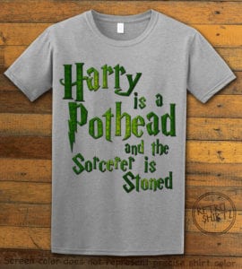 This is the main graphic design on a gray shirt for the Weed Shirt: Harry is a Pothead