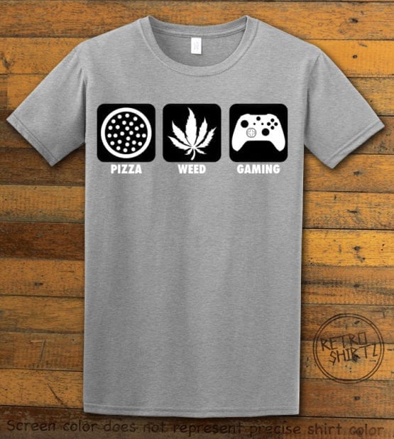 This is the main graphic design on a gray shirt for the Weed Shirt: Pizza Weed Gaming