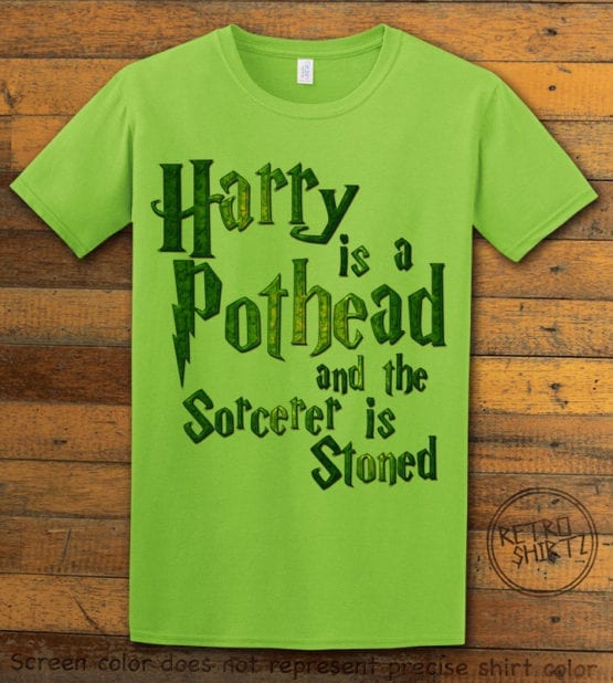 This is the main graphic design on a lime shirt for the Weed Shirt: Harry is a Pothead