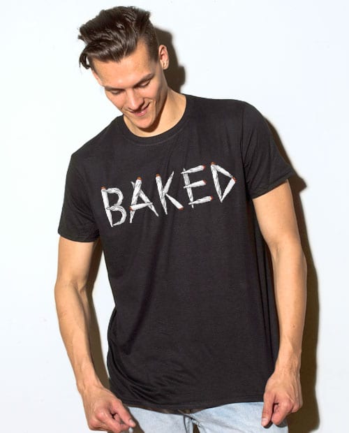 This is the main model photo for the Weed Shirt: Baked Joint Letters