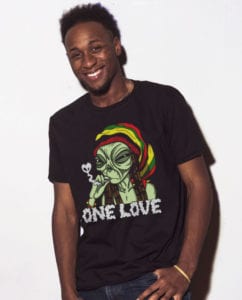 This is the main model photo for the Weed Shirt: Rasta Alien