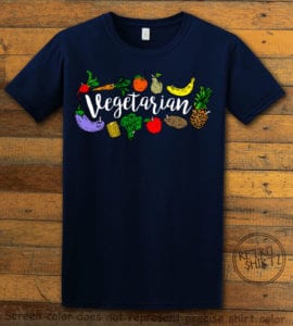 This is the main graphic design on a navy shirt for the Weed Shirt: Vegetarian
