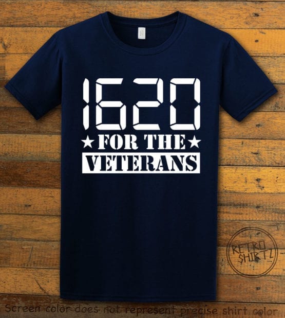 This is the main graphic design on a navy shirt for the Weed Shirt: 1620 Veterans