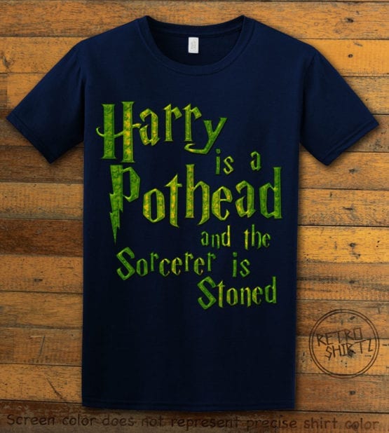 This is the main graphic design on a navy shirt for the Weed Shirt: Harry is a Pothead