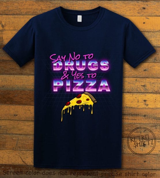 This is the main graphic design on a navy shirt for the Weed Shirt: Pizza Not Drugs