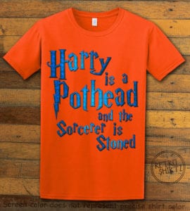 This is the main graphic design on a orange shirt for the Weed Shirt: Harry is a Pothead