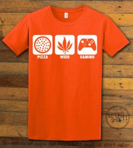 This is the main graphic design on a orange shirt for the Weed Shirt: Pizza Weed Gaming