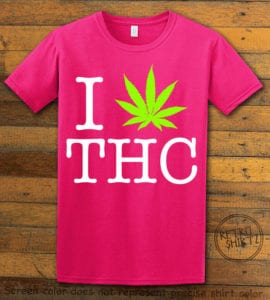 This is the main graphic design on a pink shirt for the Weed Shirt: I Heart THC