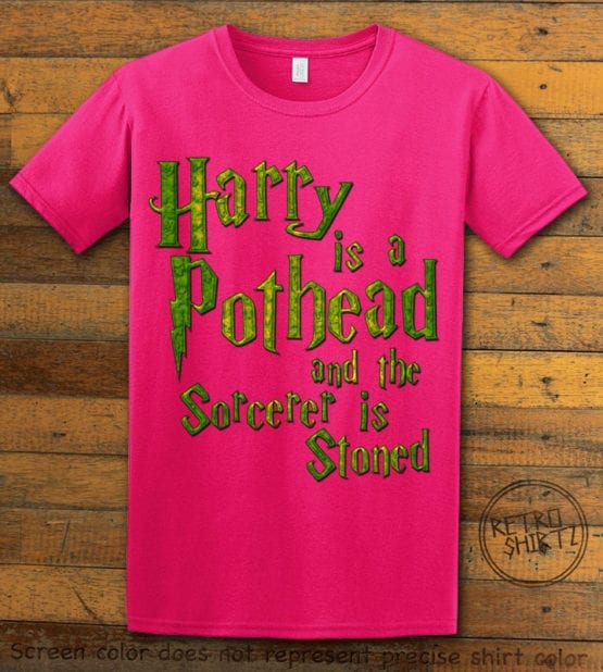 This is the main graphic design on a pink shirt for the Weed Shirt: Harry is a Pothead