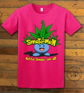 This is the main graphic design on a pink shirt for the Weed Shirt: Smokemon Oddish Pot Leaf