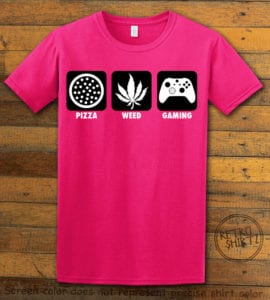 This is the main graphic design on a pink shirt for the Weed Shirt: Pizza Weed Gaming
