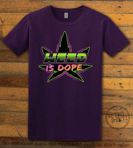 This is the main graphic design on a purple shirt for the Weed Shirt: Weed is Dope