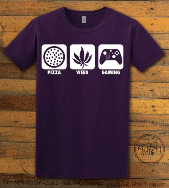 This is the main graphic design on a purple shirt for the Weed Shirt: Pizza Weed Gaming