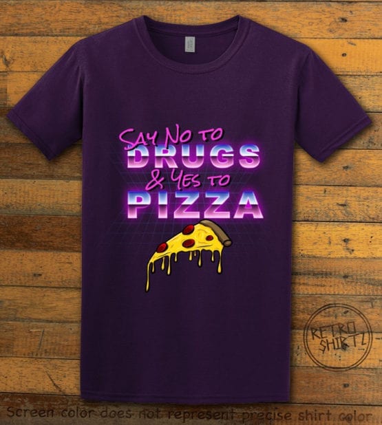 This is the main graphic design on a purple shirt for the Weed Shirt: Pizza Not Drugs