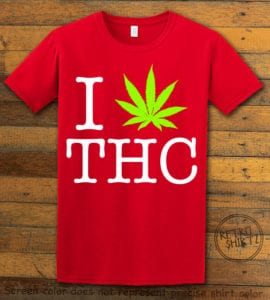 This is the main graphic design on a red shirt for the Weed Shirt: I Heart THC