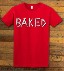 This is the main graphic design on a red shirt for the Weed Shirt: Baked Joint Letters