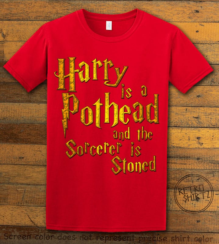 This is the main graphic design on a red shirt for the Weed Shirt: Harry is a Pothead
