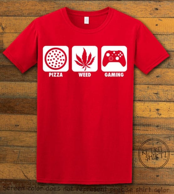 This is the main graphic design on a red shirt for the Weed Shirt: Pizza Weed Gaming
