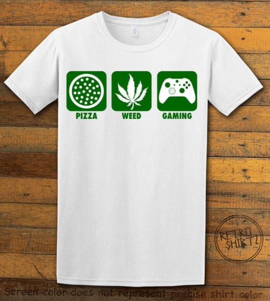 This is the main graphic design on a white shirt for the Weed Shirt: Pizza Weed Gaming