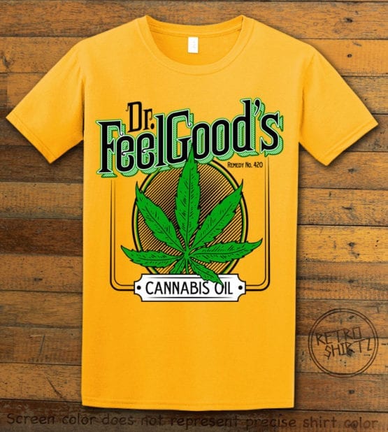 This is the main graphic design on a yellow shirt for the Weed Shirt: Dr. Feel Good's Cannabis Oil