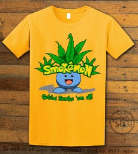This is the main graphic design on a yellow shirt for the Weed Shirt: Smokemon Oddish Pot Leaf