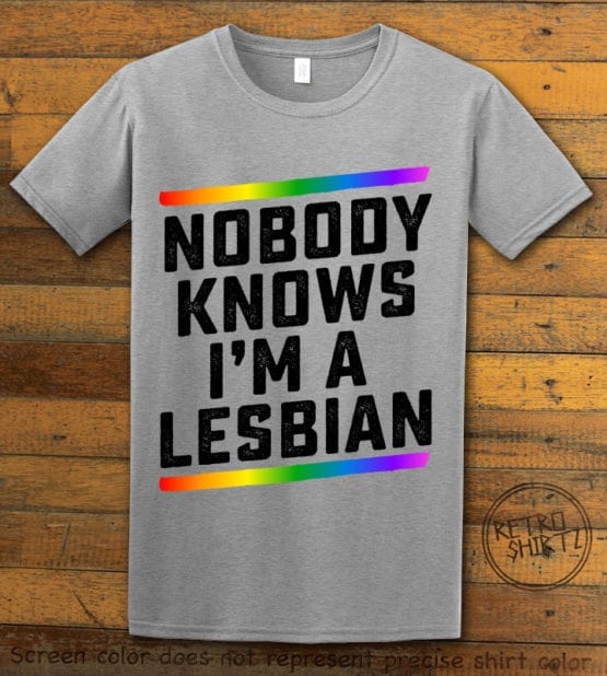 This is the main graphic design on a gray shirt for the Pride Shirts: Closet Lesbian
