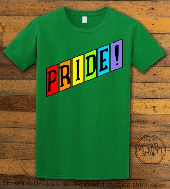 This is the main graphic design on a green shirt for the Pride Shirts: Retro Gay Pride