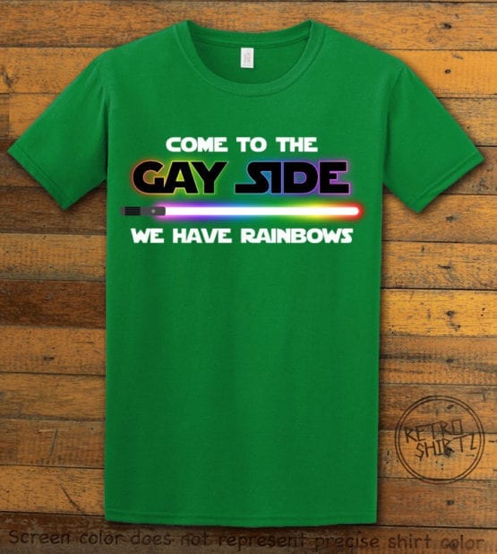 This is the main graphic design on a green shirt for the Pride Shirts: Dark Side Gay Pride