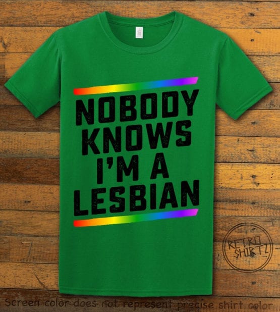 This is the main graphic design on a green shirt for the Pride Shirts: Closet Lesbian
